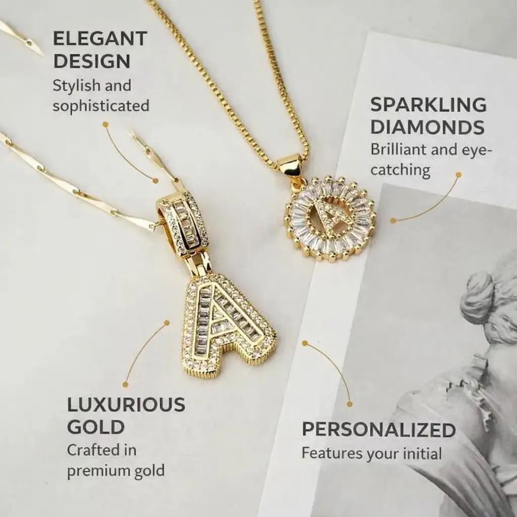Women's Dainty Gold Embellished Layered Gold-Tone Initial Necklaces - 2-Piece Zirconia Pendant Alphabet Set (26 Letters) Long Chain Jewelry for Women, Personalized Custom Birthday Valentine's Day Gifts, Gold Embellished Necklaces