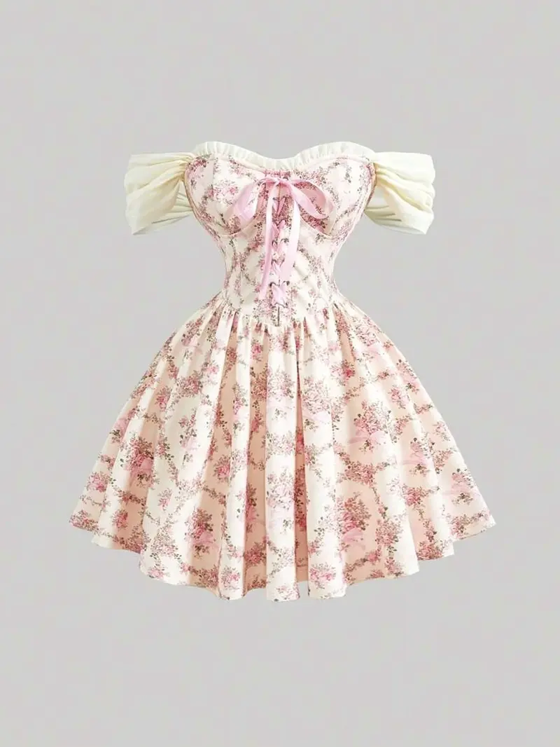 Vintage Floral Bustier Dress – Romantic Ruffle Bow Criss-Cross Summer Party Dress