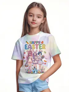 Easter Idol & Blue Cat 3D Full-Print Girls' Short Sleeve Top, Funny Graphic Tees, Casual Summer Fashion, Comfortable Daily Wear, Perfect for Festivals