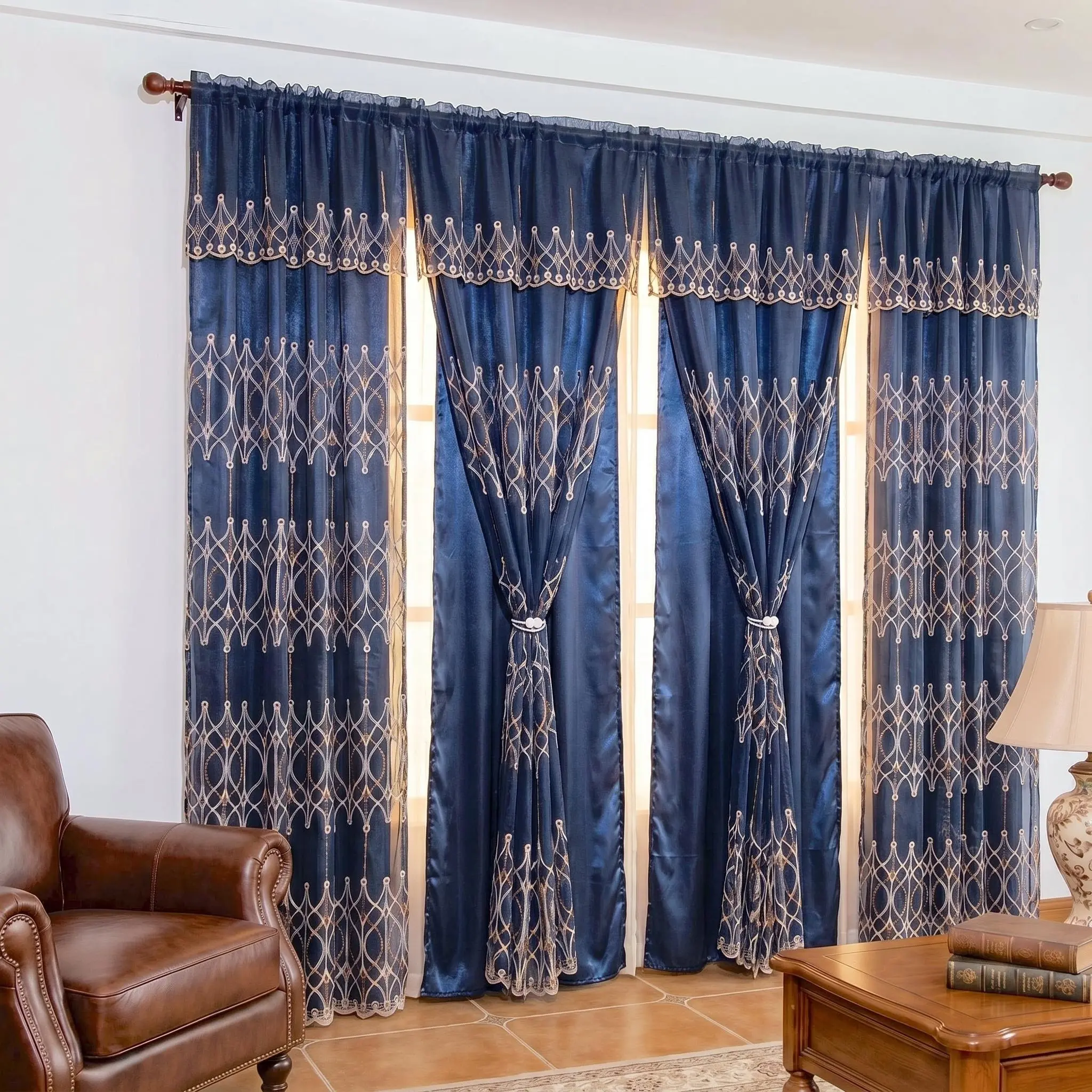 4 Pcs 52x84 in Geometric Diamond Embroidery Double Layer Curtains with Waterfall Valance, Rod Pocket - Luxury European Style Summer Home Textile Accessory for Living Rooms, Bedrooms (QF18) decorative
