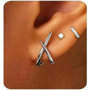 3Pairs Trendy Dainty 14K Gold Huggie Hoop Stud Earrings Set Hypoallergenic Minimalist CZ Cartilage Earrings for Multiple Piercing Perfect Gift for Women