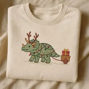 Christmas Triceratops Embroidered Sweatshirt, Cute Dino Reindeer Antlers Shirt, Holiday Dinosaur Gift, Xmas Lights Hoodie