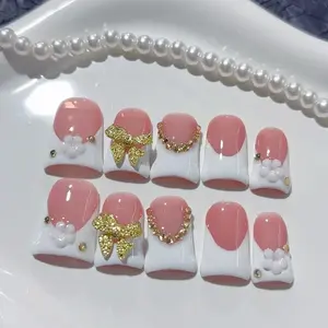 10pcs high-end Elegant and ladylike style, hand-painted three-dimensional bow, flowers, sparkling dot diamonds handmade fake nails, Nail patches suitable for spring outings, camping picnics, couple dates and Valentine's Day activities