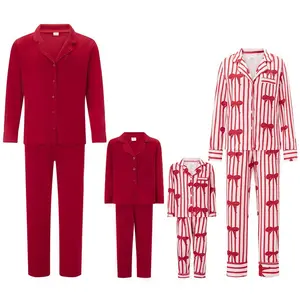 Family Matching Pajama Set Lapel Neck Button-up Long Sleeve Tops Long Pants 2-Piece Bow/Solid Color Loungewear Outfit（gift）