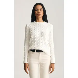 CABLE-KNIT CREW NECK SWEATER IN ANTIQUE WHITE