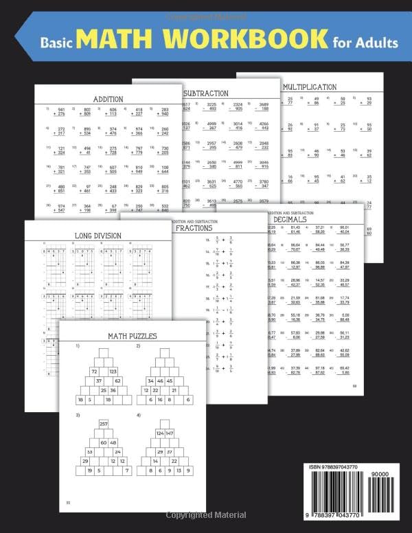Basic Math Workbook for Adults: Activity book with over 3100 tasks of addition, subtraction, multiplication, long division, fractions and decimals to ... basic skills and keep the mind active. Paperback.