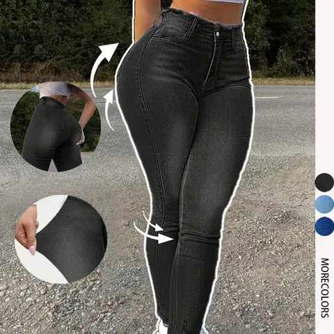 Women's High-Waisted Stretchy Skinny Denim Jeans for All Seasons, Slim Fit Ruched Butt-Lifting, Casual Daily Wear for Party & Commute, All Seasons, Stretchable Pants Elastic Jeans