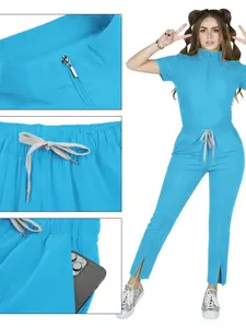 Men Women Nursing Scrubs Uniforms with Zipper, Casual Short Sleeve Zip Up Top and Pants Set for Dental Office Lab Beauty Salon