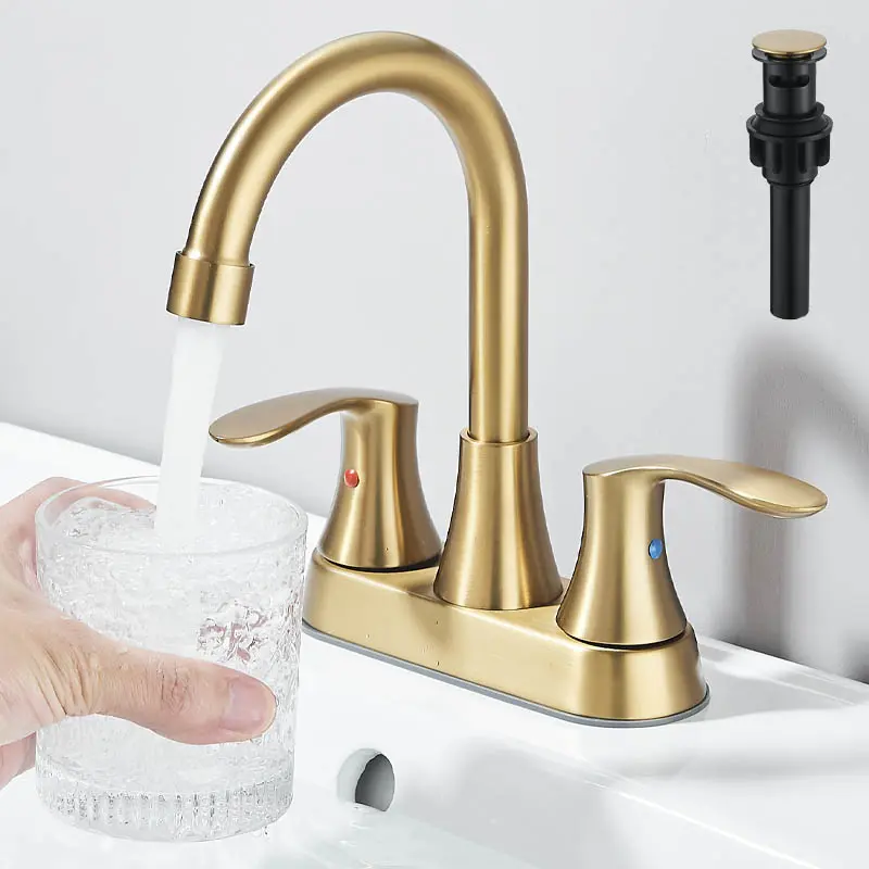 ATSHOWER 4 Inch Brushed Gold Bathroom Sink Faucets with Mixing Hot Cold Water Supply Hoses and Pop-Up Drain, Bathroom Faucets for Sink 3 Holes, Lead-Free 2-Handle Centerset Basin Vanity Mixer Tap