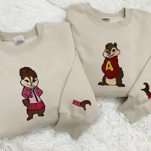 The Chipmunks Embroidered Hoodie, Alvin And Brittany Couple Embroidered Sweatshirt, Chipmunks Couple Shirt, Matching Embroidered Sweatshirt