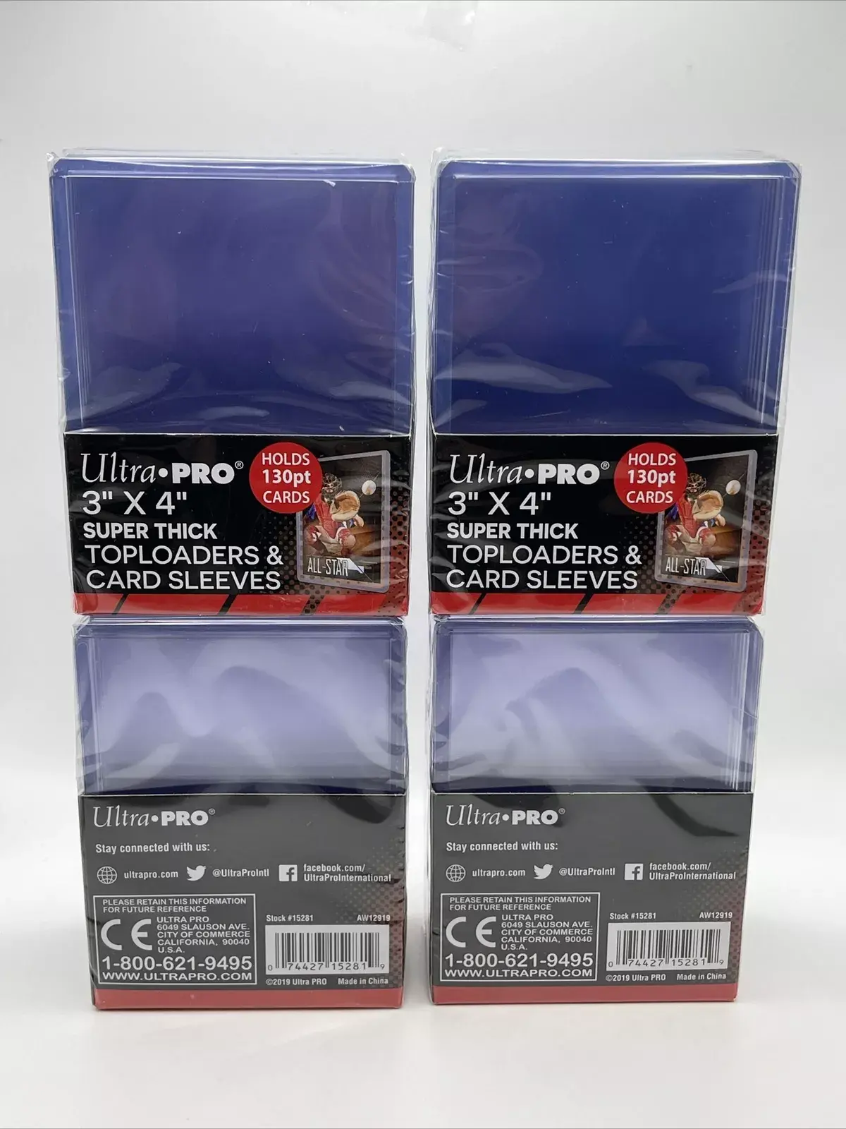 Ultra Pro 3X4 Super Thick Toploaders 130pt Point 4 Packs of 10 WITH SLEEVES, 40 Total Toploaders and Sleeves