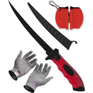 Fishing Fillet Knife Set, 7 Inches Professional Stainless Steel Blade Filet Knife for Fish, with Sharpener and Cutting Resistant Gloves, Fishing Gear, Fishing Tool Set, Red