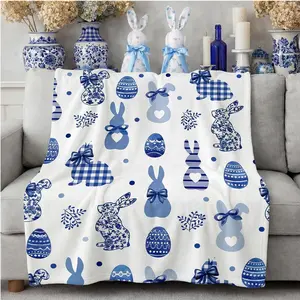 Easter Chinoiserie Throw Blanket Coquette Bunny Egg Flannel Blanket Grandmillenial Blue and White Bunny Decor Soft Cozy Gifts for Couch Bed Chair Spring Farmhouse Home Office Decor