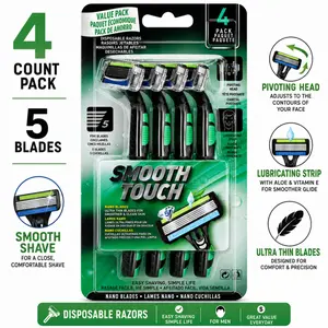 Smooth Touch 5 Blade Disposable Razors 4 Counts Pack With Comfort Grip Grooming Razors