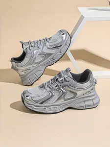 New Women's Sneakers, Trendy Thick Sole Silver Color Dad Shoes, Lightweight Comfortable Breathable Sports Shoes, Casual Running Shoes