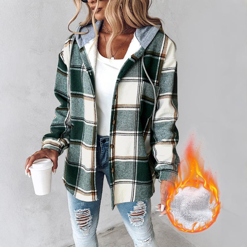 CHICME Women‘s Plaid Hooded Warm Shacket/Plaid Fleece Lined Hooded Shacket- Lightweight Fleece Lined Jacket, Button-Down Casual Coat for Fall & Spring