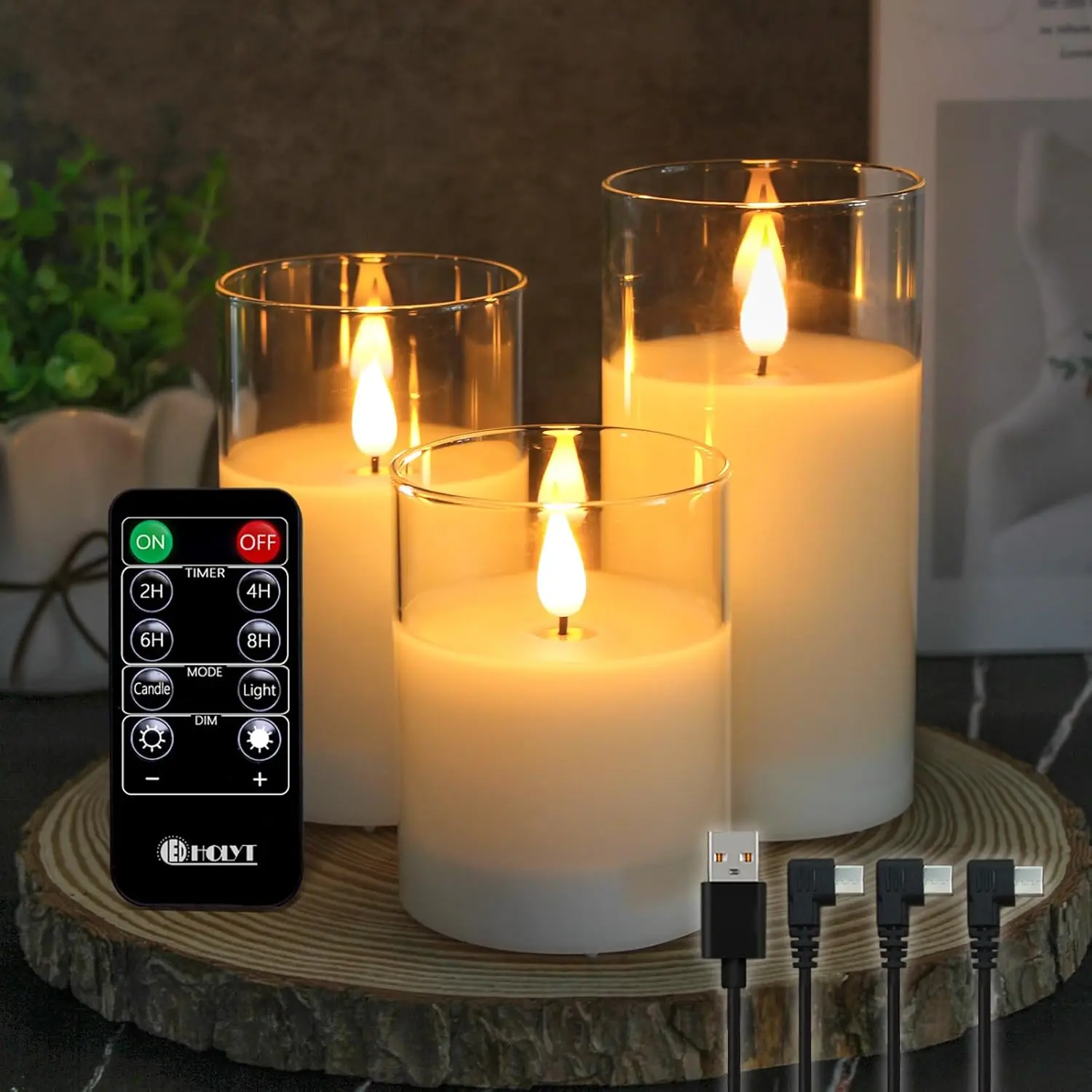 3-Pack Rechargeable Glass LED Flicker Fake Candles with Remote Control, Timer Mode, Warm Glow for Home Fall Centerpiece, Halloween Indoor Lighting Decor