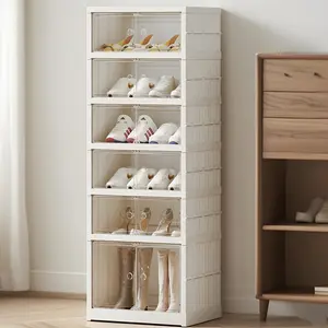 Stackable Shoe Storage Boxes 6 Pack Foldable Clear Plastic Organizer Fits US Men's Size 12 Thickened Space-Saving Bins for Sneakers & Boots White