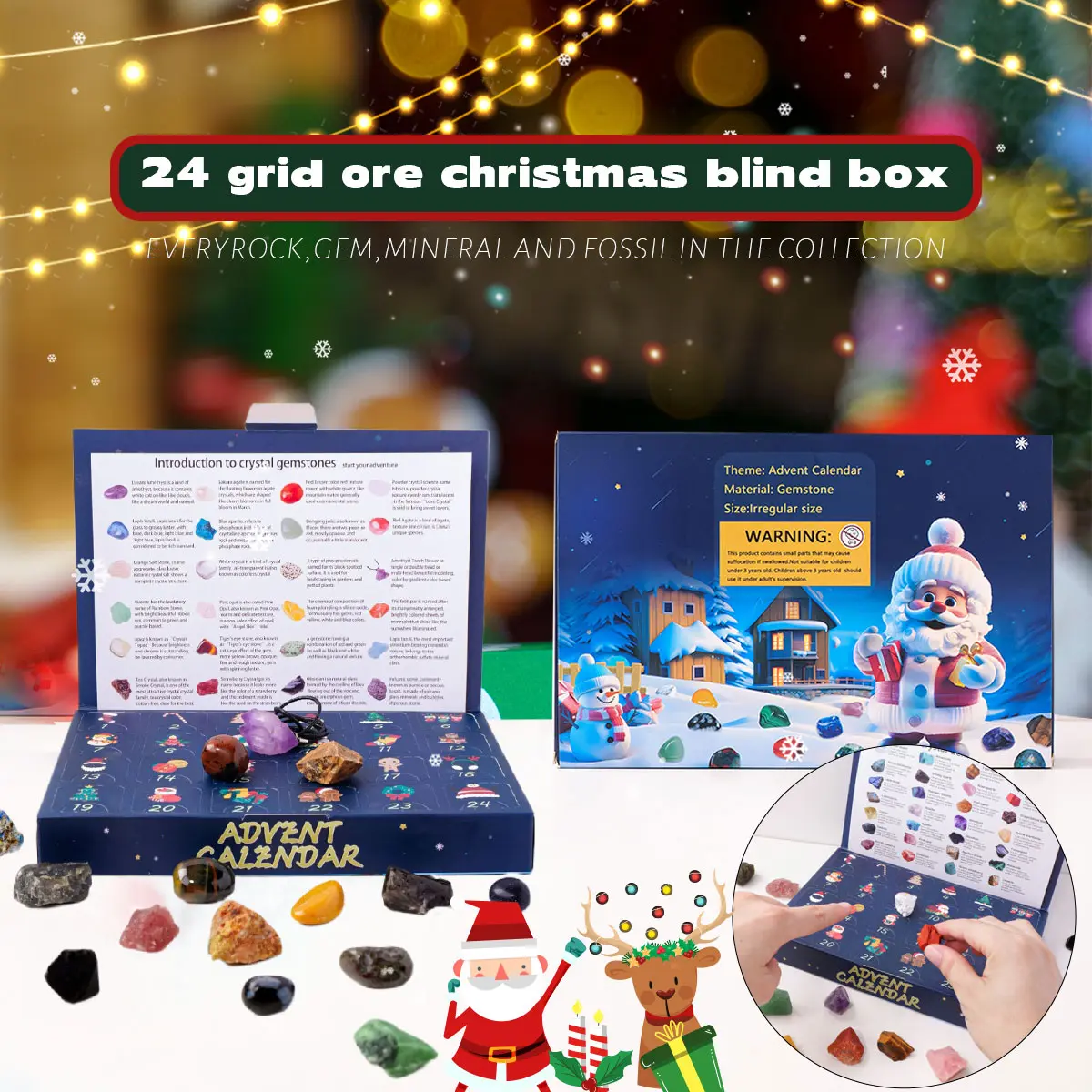 24-Day Countdown Advent Calendar with Natural Crystal Gemstones, DIY Collectible Minerals, Educational Science Kit, Christmas Gift Set