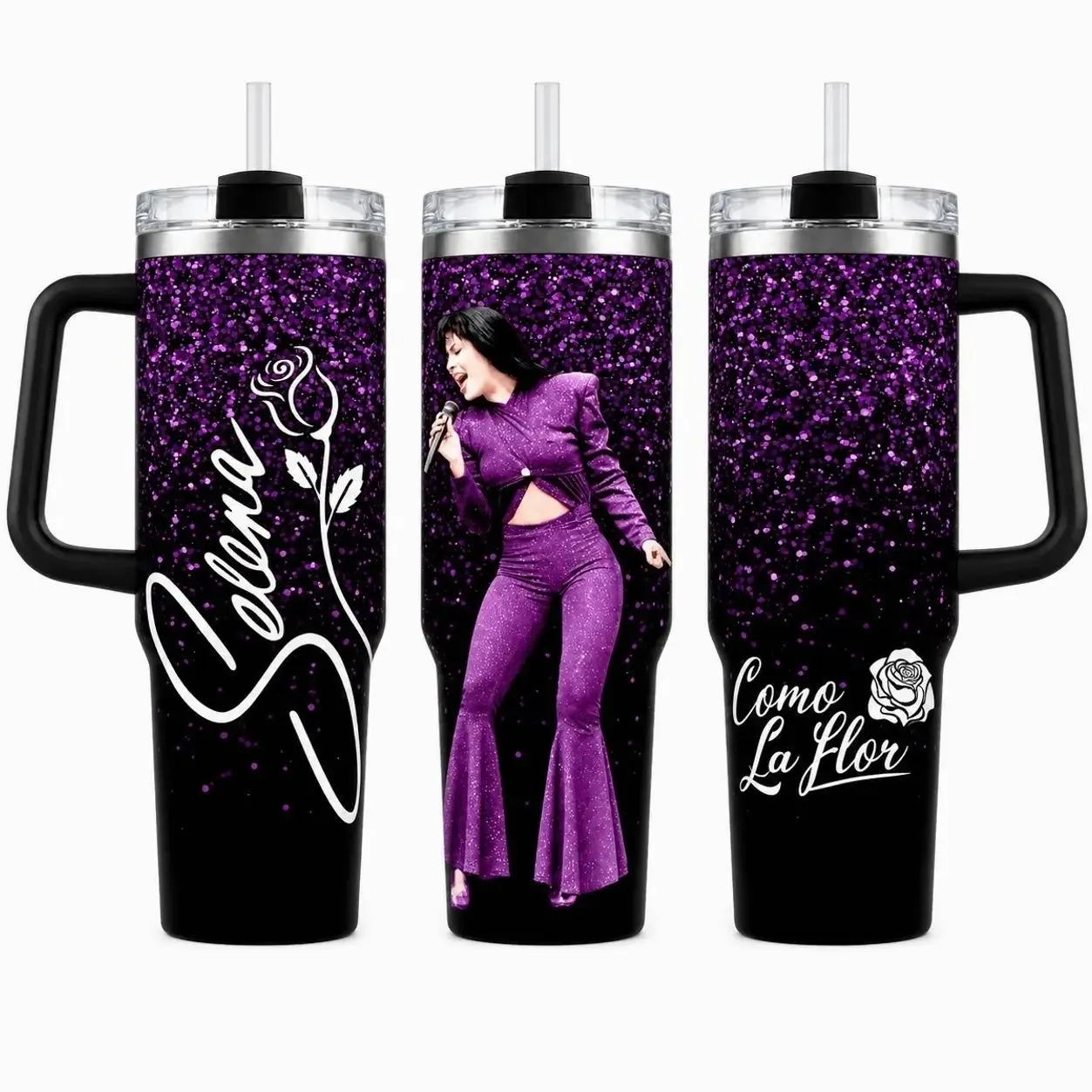 Latina Music Fan Purple Glitter 40oz Tumbler With Handle, Selena Como La Flor Rose Signature Artwork Insulated Travel Mug for Commute Work Party