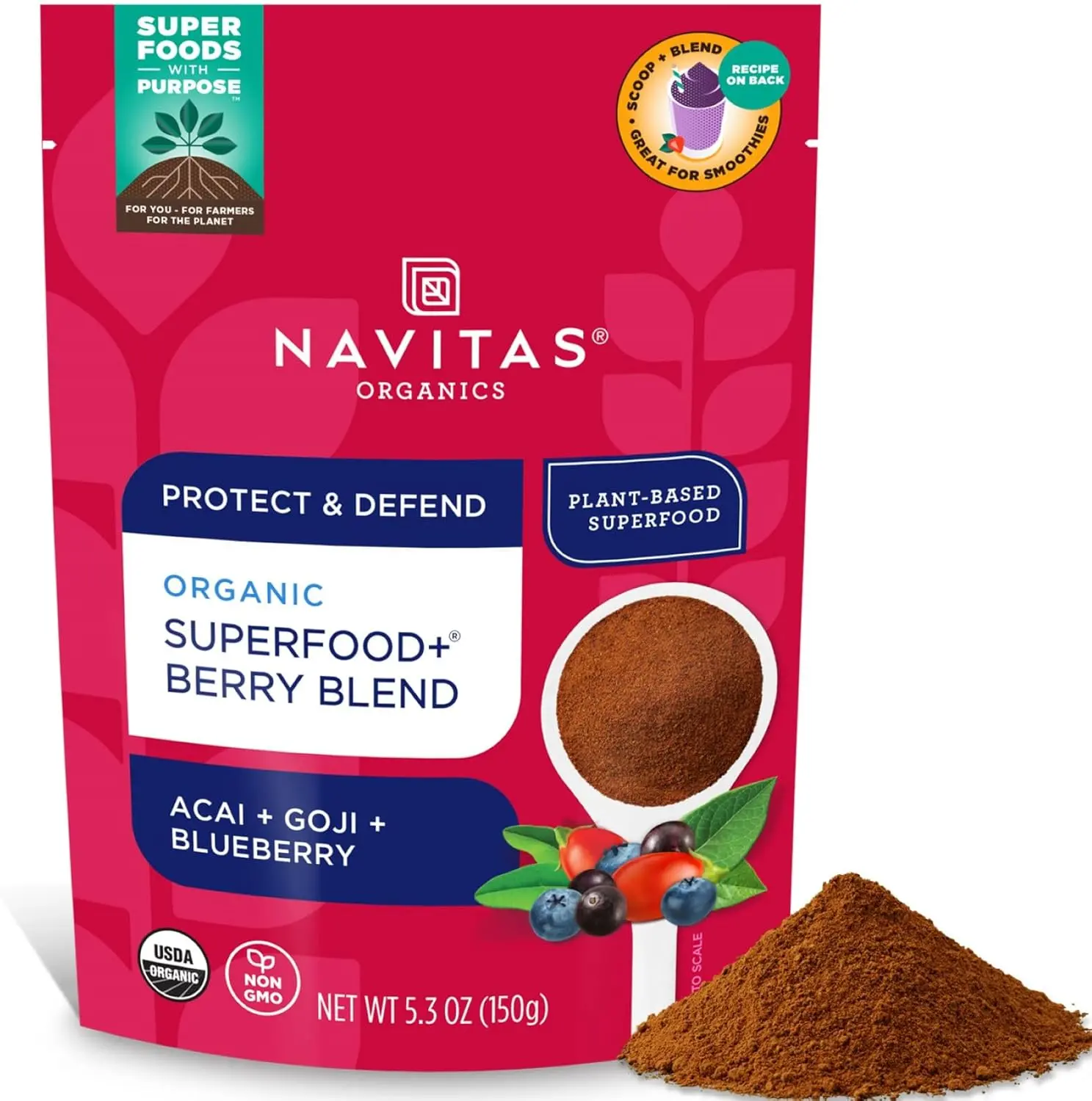 Navitas Organics Superfood+ Immune Support Berry Blend (Acai+Goji+Blueberry) Gluten Free Snacks, 5.3 Oz Bag, 30 Servings, Organic, Non-GMO, Vegan, Keto & Paleo Friendly