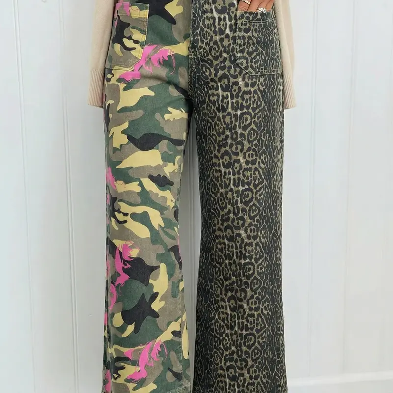 Abstract Camouflage Print Contrast Leopard Patchwork Straight Leg Jeans,  Straight Leg Jeans Made of Cotton Elastic Fabric in a shift fit.