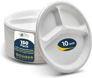 Eco-Friendly 3-Compartment Plates  | 100% Biodegradable & Compostable (Pack of 150)