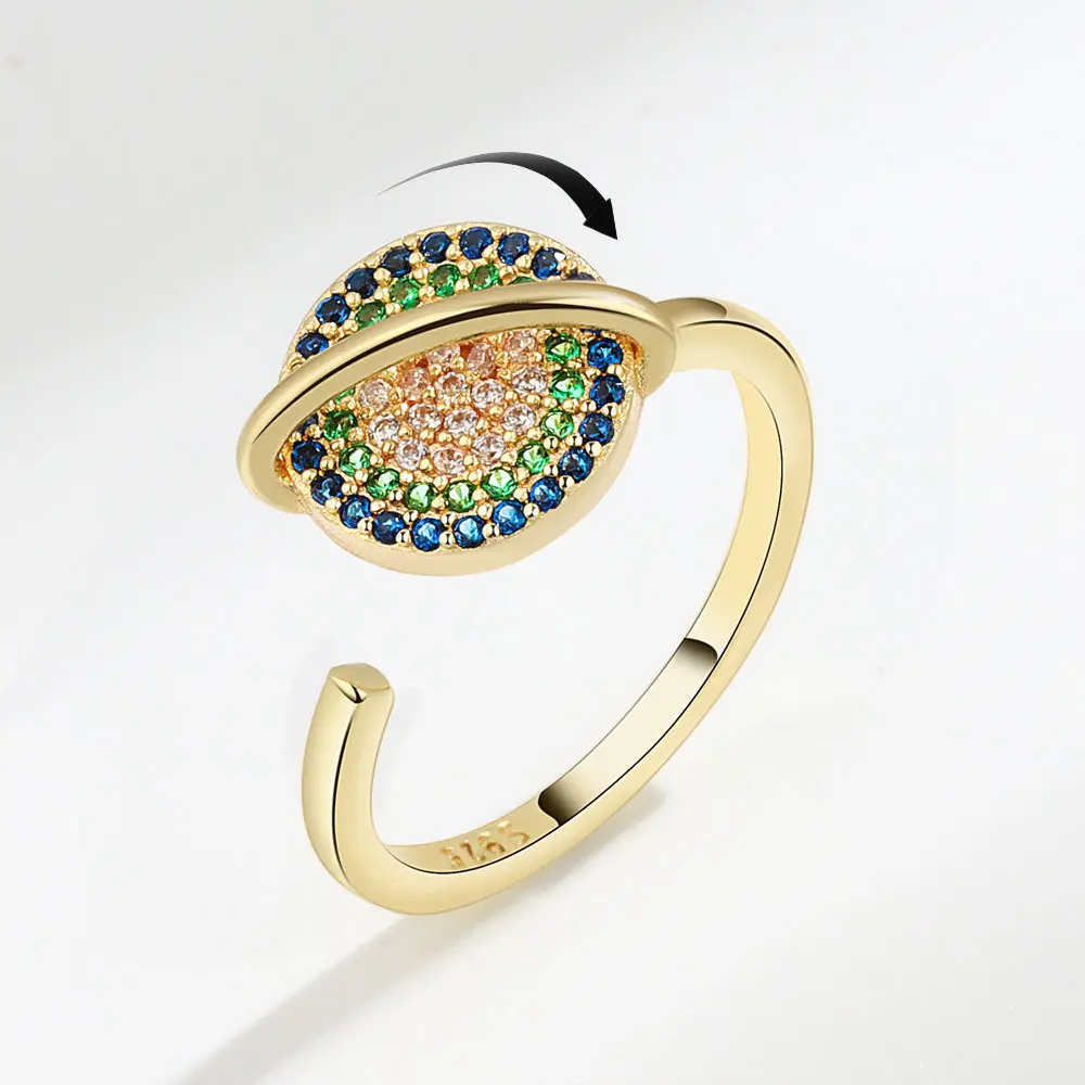 Rotatable Planet Zircon Fidget Ring, Anxiety Relief Spinning Ring, Adjustable Open Band, Gold Plated, Colorful Crystal Saturn Ring, Stress Relief Jewelry for Women, Trendy Statement Gift