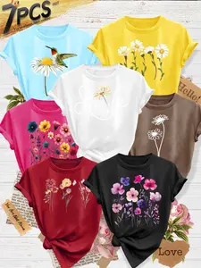 Women's 7-Pack Casual Short-Sleeve Crew Neck T-Shirt, Smile Daisy Hummingbird Watercolor Floral Print, Multiple Colors Available, Machine Washable, Spring & Summer Top, Soft Skin-Friendly Fabric, Daily Versatile, Fashion Design
