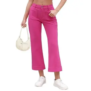 Wide Leg Jeans For Women High Waisted Trendy Front Patch Pocket Flare Cropped Stretchy Denim Jean Pants Baggy Beach
