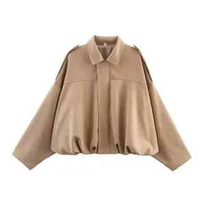 ETJ 2025 TRAF Women's Spring Fashion Suede Texture Loose Fit Lapel Bomber Jacket