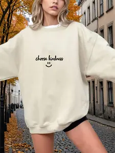 Oversized Crewneck Sweatshirt Beige Choose Kindness Smiley Face Print Casual Streetwear for Women