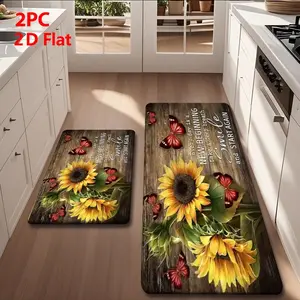 2/3 Piece Flannel Kitchen Mat Set, Vintage Wood Grain Sunflower Design, Non-Slip, Absorbent, Home Decor, Decorative Rugs