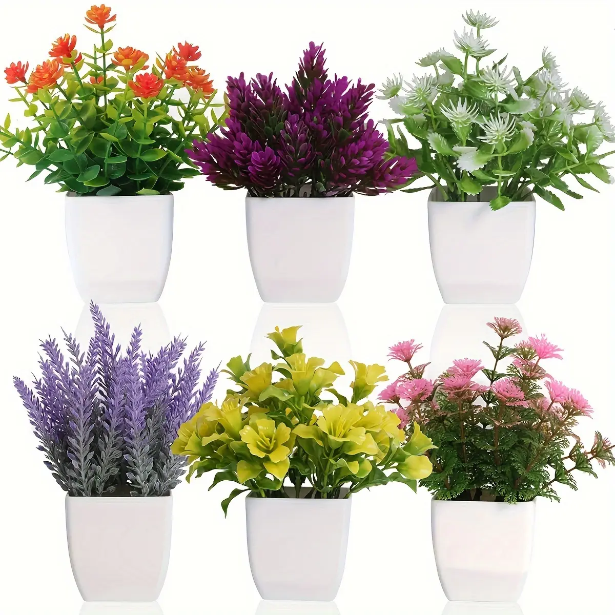 Artificial Potted Plant, 6 Counts Mini Fake Flower, Artificial Flower Set, Faux Plastic Flowers, Fake Indoor Plants, Faux Potted Plant for Home Office Desk Decoration, Outdoor Greenery for All Seasons