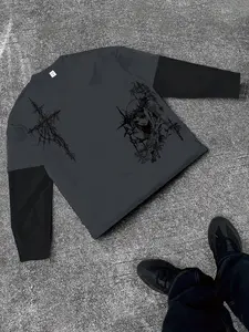 Men's High Street Hip-Hop Dark Style Streetwear Geometric Print T-Shirt, Casual Trendy Fitted Long Sleeve, Perfect for Street Fashion Lovers, Daily Wear, Graphic Tees Aesthetic Menswear