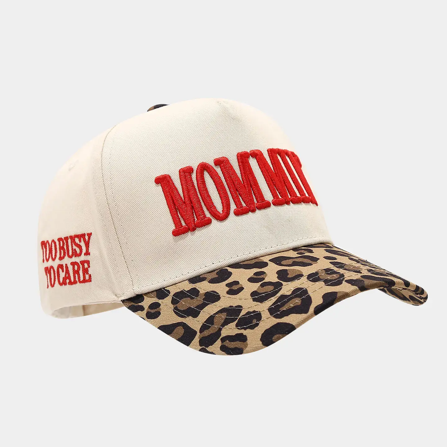 Women’s Mommy trucker cap – leopard-print brim, embroidered “Too Busy To Care” lettering, unisex sports & outdoor hat for all seasons, Mother’s Day gift, baseball cap, leopard print, accessories for women, camping essentials, custom embroidered hat, funny