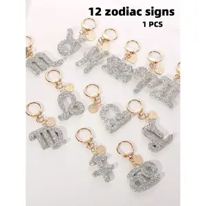 12 Zodiac Silver Color Pendant Keychain, Rhinestone Keychain, Unique Design for Daily Use, Fashion Bag and Key Accessory, Perfect Gift for Women and Girls