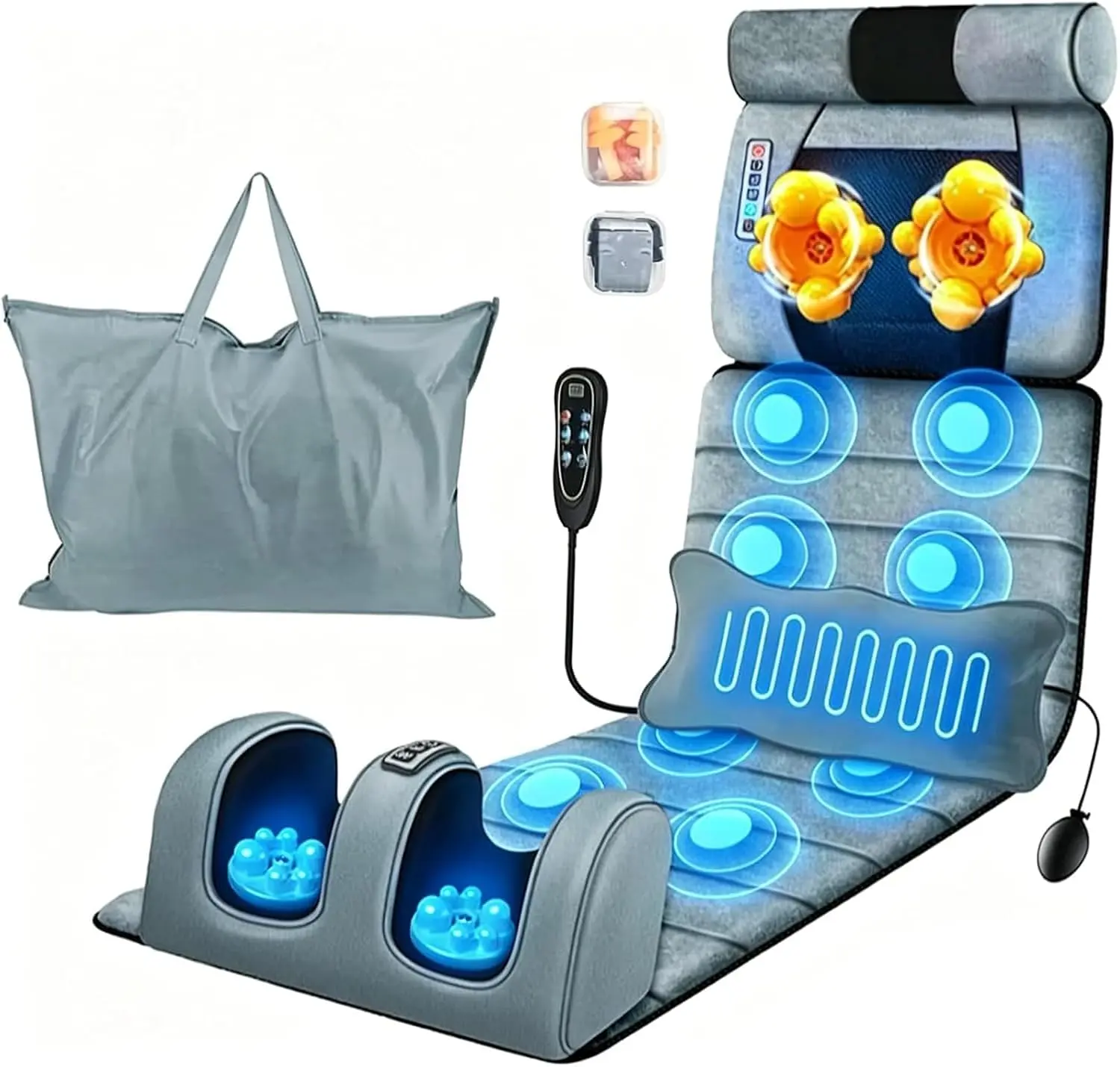 Soft Velvet Full Body Massage Mat, Foldable Heated Pad with 10 Vibration Motors, Detachable Shiatsu Neck & Leg Massagers and Storage Bag, Foot Massager, Gift