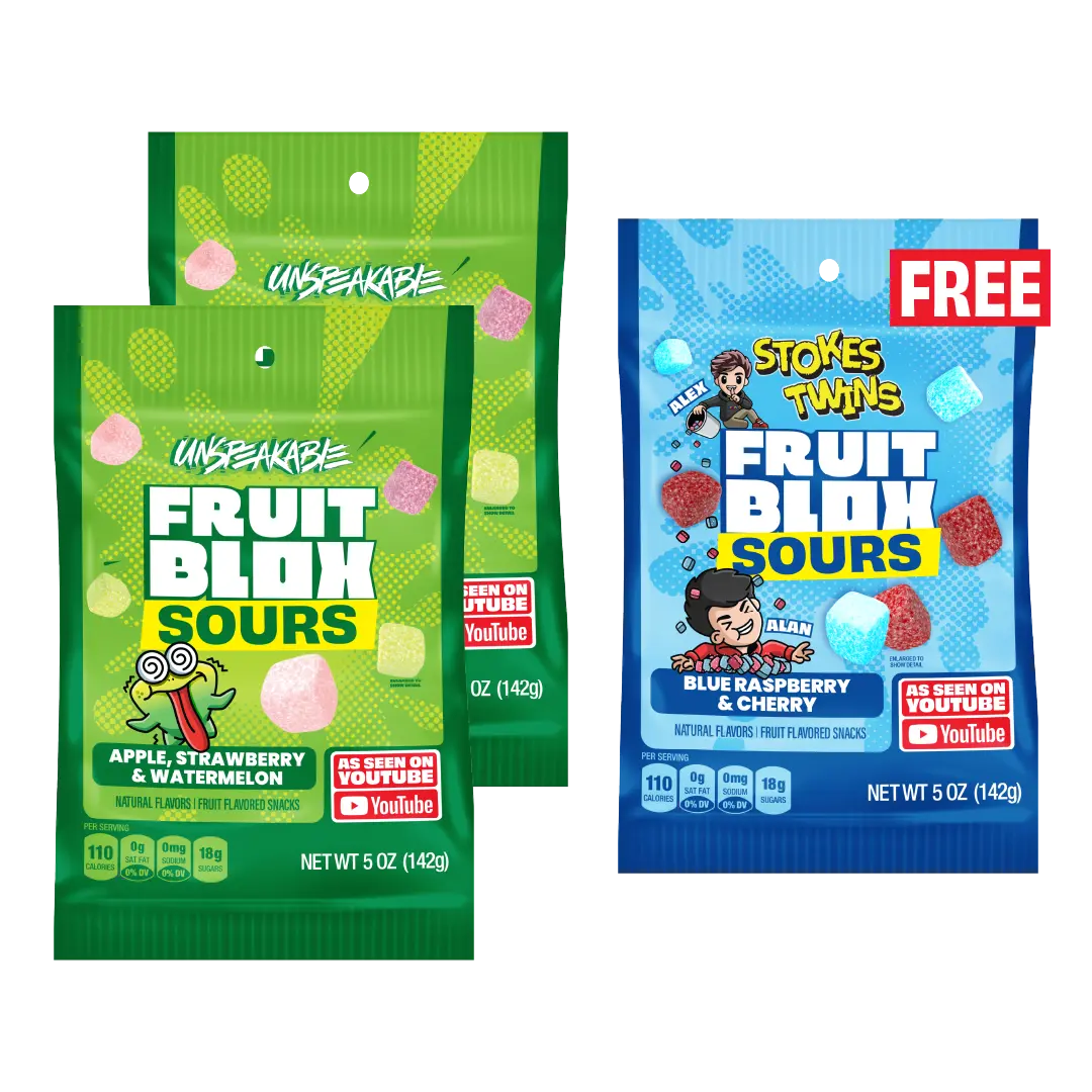 FruitBlox Sours Unspeakable 5oz x 2 PLUS FruitBlox Sours Stokes Twins 5oz FREE
