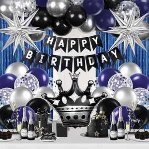 Birthday Decorations for Men with Black Metallic Silver Navy Blue Balloons Happy Birthday Banner Blue Fringe Curtains for 21st 25th 27th 30th 35th 40th 50th 60th Men Birthday Decorations