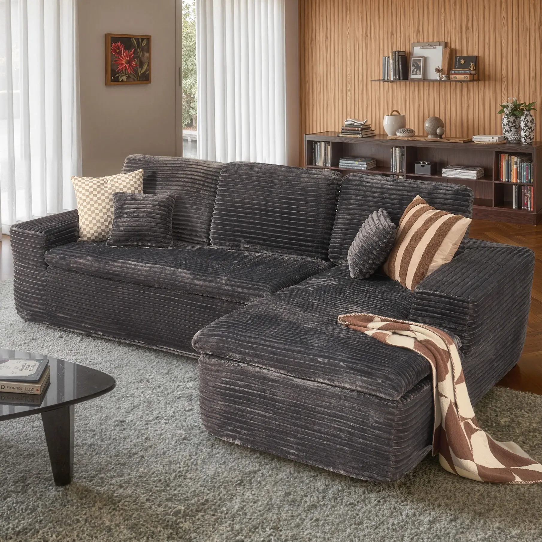 Grey Plush Corduroy Right Chaise