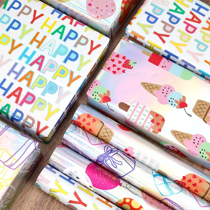Rainbow Wrapping Paper Roll, Laser Colorful Fun Style, Thick Durable Fold-Resistant, Ideal for Kids Birthday Parties, Ice Cream Balloon Gift Boxes, Flower Bouquets, Gift Packaging