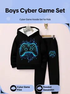 2026 New Boy Cyber Game Controller Print Hoodie Set, Loose Sweatpants Two-Piece, Casual Long Sleeve Spring & Fall, Outfits Set