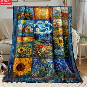 Impressionist Art Patchwork Blanket, Soft Flannel Throw Blanket with Starry Sky Sunflower Cottage Landscape Print, Cozy Gift for Art Lovers Women Girls Teens, Aesthetic Room Decor for Bed Couch Sofa Dorm, Warm Blanket for Movie Night and Napping