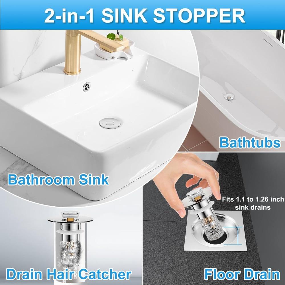 Two Sink Plugs for Bathrooms, a Pop-Up Drain Filter, a Sink Drain Filter Plug, And a Universal Drain Filter Plug with a Spring Core for Push Conversion. Size: 1.1 to 1.45 Inches, in Silver Color Two Sink Plugs for Bathrooms, a Pop-Up Drain Filter, a Sink Drain Filter Plug, And a Universal Drain Filter Plug with a Spring Core for Push Conversion. Size: 1.1 to 1.45 Inches, in Silver Color