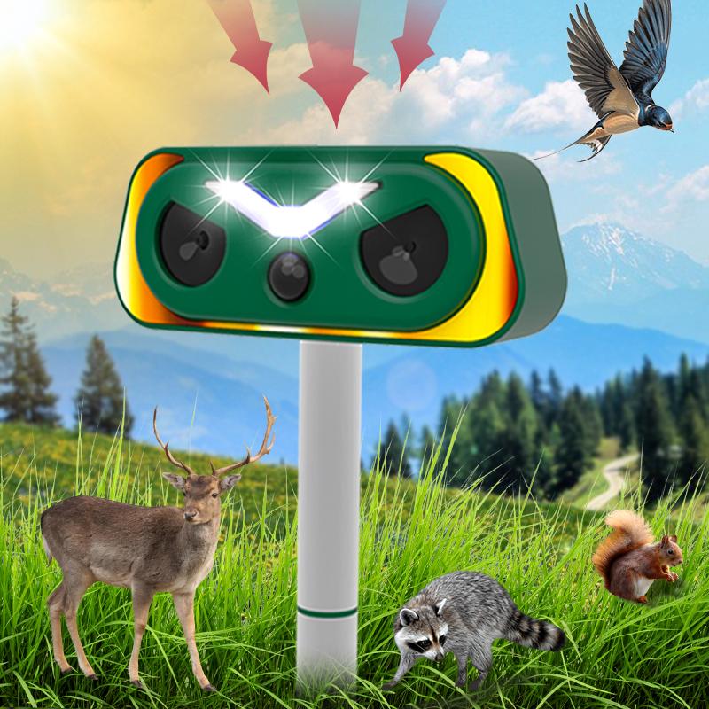 Solar Ultrasonic Flame Lamp Animal Repeller - Home Essentials, 3-9M PIR Motion Sensor, IP66 Waterproof Outdoor Pest Control Stake for Yard, Garden, Repels Squirrels, Deer, Birds, Rats, Weasels, Mosquitoes