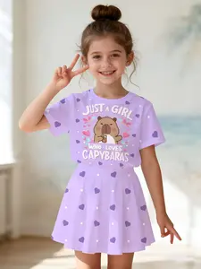 Girls' 3D Printed Capybara Heart Pattern Top and Skirt Set, Summer Casual Slim-Fitting Round Neck Short Sleeve