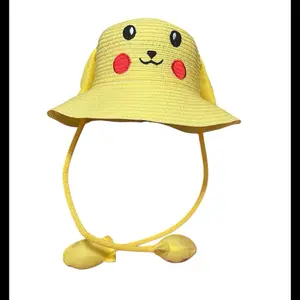 Bucket Hat - Yellow Bucket Hat with Cartoon Face, Red Eyes, and Yellow Strap