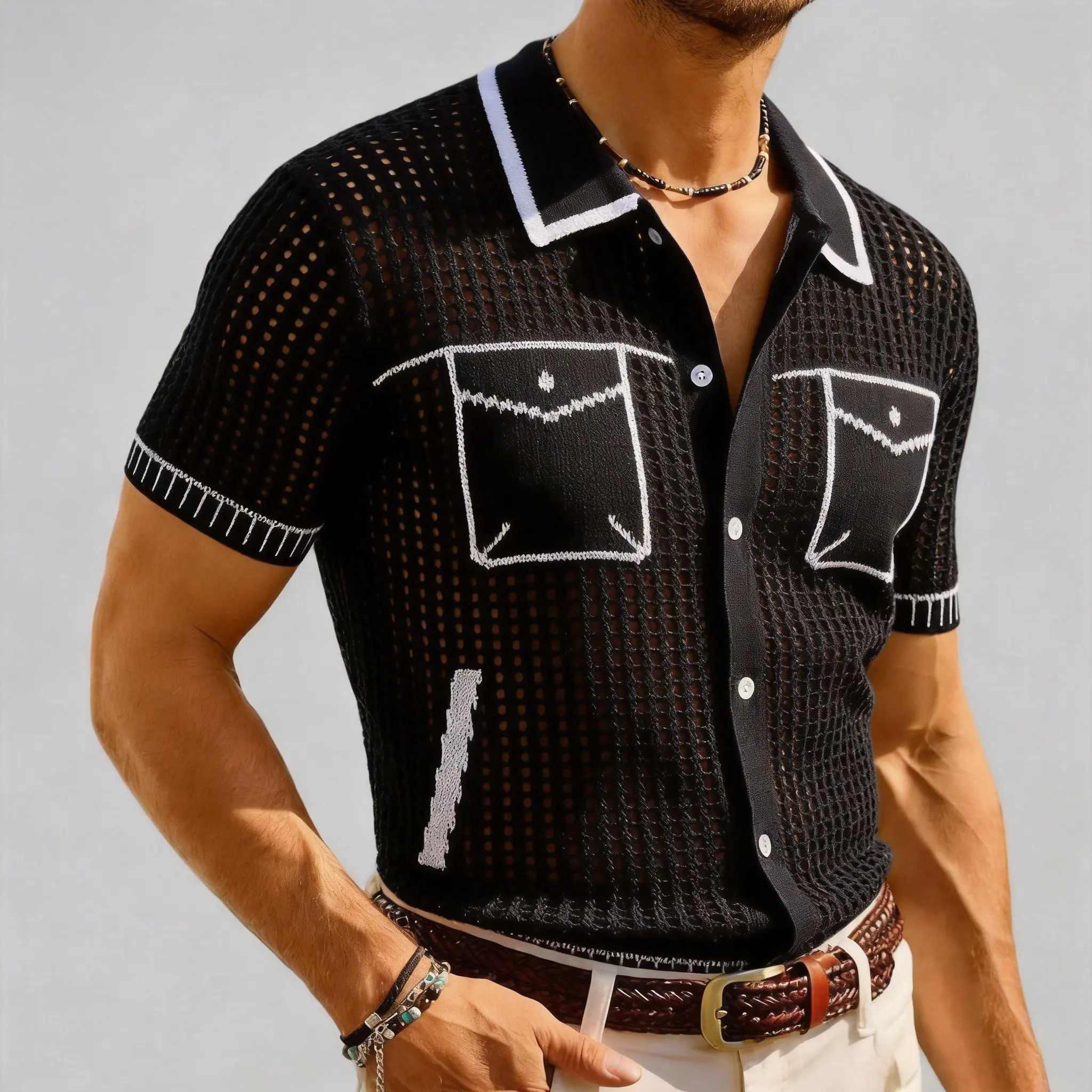 Mens Colorblock Geometric Short-Sleeve Knit Sweater - Drop-Shoulder, Button Detail, Fitted Cut Menswear Streetwear Clothes, Mens Clothing Casual Crew Neck Shirts fathersdaygift Black
