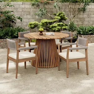 Patio Set Outdoor Acacia Wood Furniture Sets- Braided Dining Chairs(With Cream Cushion)and Patio Dining Table for Garden, Patio & Deck (Teak Look & Beige Rope)
